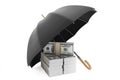 Save Money Concept. Stack of banknotes under umbrella