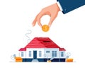 Save money for a house buying vector illustration. Businessman's hand puts the money into house piggy bank for saving