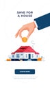 Save money for a house concept. Male hand puts the coin into house piggy bank for real property investment. Make money