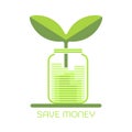 Save money illustration, growth plant from coin in bottle.