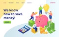 Save money service landing page flat vector illustration. Golden coins, dollars currency and piggy bank. Save money