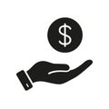 Save Money Silhouette Icon. Dollar Coin in Human Hand Symbol, Collect Savings. Salary, Finance Payment Glyph Pictogram Royalty Free Stock Photo