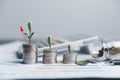 Save money, success goals and investment growth concept. Tree growing on stack coins with arrows rising on blur office background Royalty Free Stock Photo