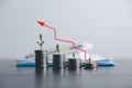 Save money, success goals and investment growth concept. Tree growing on stack coins with arrows rising on blur office background Royalty Free Stock Photo