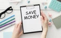 Save Money text on a kard. Motivational self development business typography Royalty Free Stock Photo