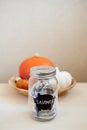 Save Money Thanksgiving day ideas, Savings, Thanksgiving on Budget. Glass mason jar piggy bank with dollars cash on