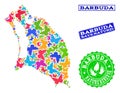 Save Nature Composition of Map of Barbuda Island with Butterflies and Scratched Seals