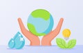 Save the nature hand hold earth drop water leaf light bulb white isolated background with flat style Royalty Free Stock Photo