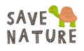 SAVE NATURE slogan with cute turtle coming out of paper illustration Royalty Free Stock Photo