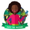 Save the nature vector card and background with African American girl, bird, green ribbon