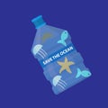 Water gallon with fish, starfish, crab and jellyfish inside and with the text save the ocean