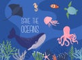 Save the ocean concept. Underwater animals: whale, jellyfishes, whales, octopus, starfishes and turtles