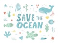 Save the ocean hand drawn sea life elements. Unique marine life objects. Collection of ecology stickers. Doodle Royalty Free Stock Photo