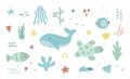 Save the ocean hand drawn sea life elements. Unique marine life objects. Collection of ecology stickers. Sea fauna with Royalty Free Stock Photo