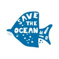 Save Ocean Life Lettering with Fish Silhouette and Plastic Wastes Floating Inside Vector Illustration