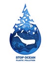 Save ocean. Stop plastic pollution. Vector illustration in paper art style. Ocean environmental problem, ecology. Royalty Free Stock Photo