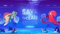 Save ocean website with sea animals and waste Royalty Free Stock Photo