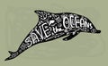 Save ocean. Whale, dolphin, sea, ocean. Black text, calligraphy, lettering, doodle by hand on grey. Pollution problem concept Eco