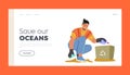 Save our Ocean Landing Page Template. Cleaning Service Concept. Janitor Male Character Street Cleaner Pick Up Trash