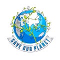 Save our planet concept, eco ecology, earth climate changes, Earth Day April 22, planet with ribbon and typing and floral leaves Royalty Free Stock Photo