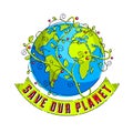 Save our planet concept, eco ecology, earth climate changes, Earth Day April 22, planet with ribbon and typing and floral leaves Royalty Free Stock Photo