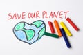 Save our planet drawing with color crayon Royalty Free Stock Photo