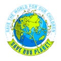 Save our planet earth, environmental protection, climate changes, Earth Day April 22, with ribbon and typing vector and floral Royalty Free Stock Photo