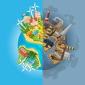 Save the panet concept. Cartoon globe divided into two halves of clean ecology and dirty pulluted. Eco Earth protection