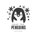 Save the penguins logo design, protection of wild animal black and white sign vector Illustrations on a white background