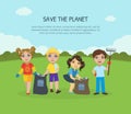 Save the Planet Banner, Landing Page Template, Children Gathering Garbage and Plastic Waste for Recycling, Environmental