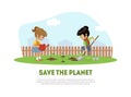 Save the Planet Banner Template with Cute Girl and Boy Volunteers Planting Tree in Garden Vector Illustration