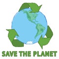 Save the planet concept art, waste problem, recycle symbol, earth planet western hemisphere, editable vector illustration Royalty Free Stock Photo