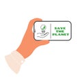 Save the planet concept. Hand hold phone with save energy icon. Hand with lightbulb with green leaves inside