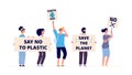 Save the planet. Earth day, environmental activists with placards. Ecological demonstration, global climate change