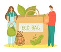 Save planet environment by zero waste, eco bag set concept, vector illustration. People character care about earth Royalty Free Stock Photo