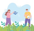 Save the planet, girl with watering cand and boy with recycle products on grass Royalty Free Stock Photo