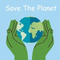 Save planet. Hands holding globe, earth. Earth day concept for poster. Globe with green plant sprout Royalty Free Stock Photo