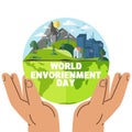 Save planet. Hands holding globe, earth. Earth day concept for poster. Globe with green plant sprout Royalty Free Stock Photo
