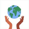 Save the planet. Hands holding globe, earth. Earth day concept. Raster illustration of icons about environmental