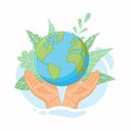 Save the planet. Hands holding globe, earth. Earth day concept. Vector illustration of icons about environmental protection and Royalty Free Stock Photo