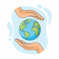 Save the planet. Hands holding globe, earth. Earth day concept. Vector illustration of icons about environmental protection and Royalty Free Stock Photo