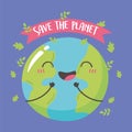 Save the planet, happy smiling cute earth map cartoon