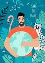 Save the planet postcard or banner with a man holding a globe, animals and plants. Conceptual illustration for earth day Royalty Free Stock Photo