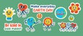 Save the planet stickers in trendy retro cartoon style. Set of Earth Day posters. Postcards for World Environment Day