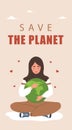 Save the planet stories template. Cute arabian woman embrace green globe. International Mother Earth day. Banner