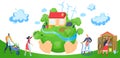 Save planet vector illustration, cartoon flat activist people working for saving ecology, cleaning green globe from