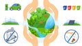 Save planet vector illustration, cartoon flat human ecologist hands protect earth globe ecology, saving nature global