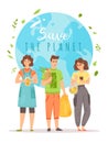 Save the planet. Young men and women with eco bags and vegan bio products, Earth on background with text, zero waste and