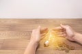 Save power to save the earth concept, young women hand protect light bulb and coins on wooden backgrounds.