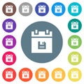 Save schedule data flat white icons on round color backgrounds